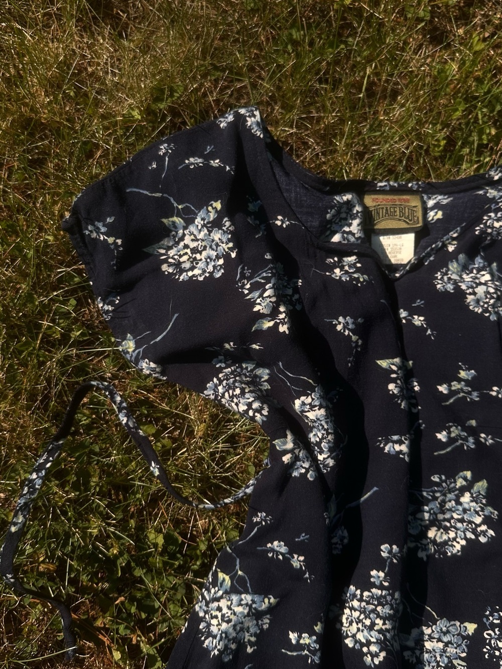Vintage Blue Navy Blue and Hydrangea Cottagecore Midi Dress with Tie Detailing